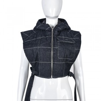 Women's Winter Denim Sleeveless Vest with Side Lace-Up and Zipper Hoodie